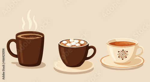 Warm beverage trio: coffee, hot chocolate, and tea in stylish cups