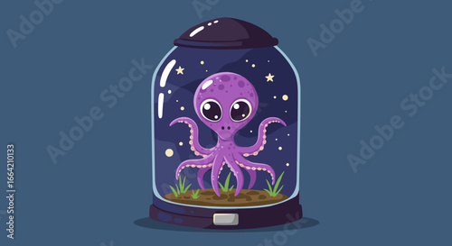 Cute purple octopus in glass jar with starry night background