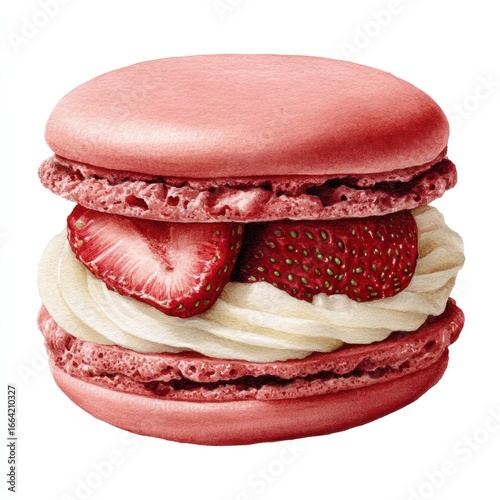 Pink macaron sandwich filled with fresh strawberries and cream