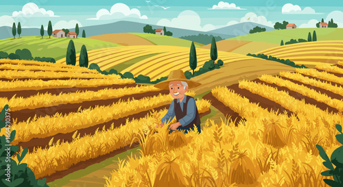 Sunny countryside with farmer in golden wheat fields and rolling hills