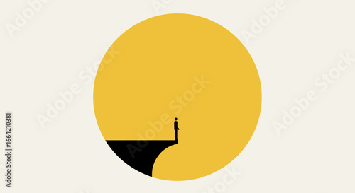 Minimalist silhouette of a person standing on cliff against large yellow circle