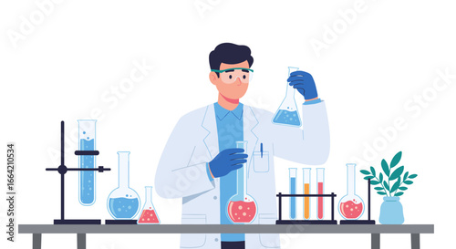 Scientist conducting experiment with lab equipment and chemical liquids