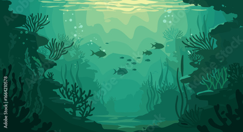 Underwater marine landscape with fish and coral reefs in sunlit ocean scene