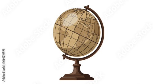 Antique earth globe on wooden stand with vintage world map design