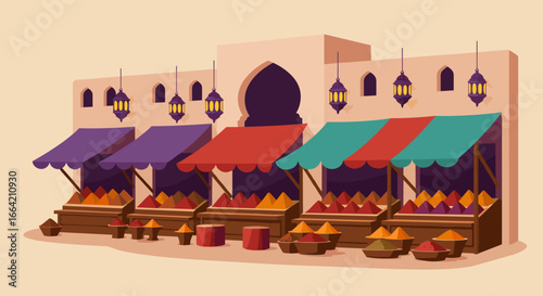 Colorful spice market stalls with vibrant awnings in moroccan bazaar setting