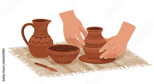 Crafting pottery on woven mat with clay vessels and artisan hands