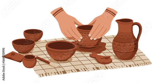 Crafting clay pottery: hands molding ceramic art with traditional tools on textured fabric