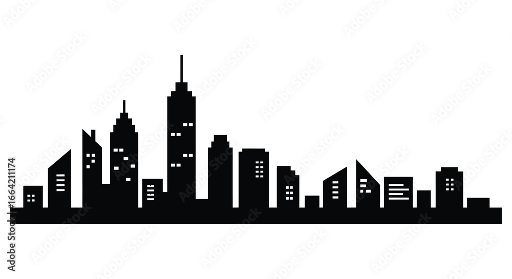 Naklejka premium City skyline with tall buildings and skyscrapers in black silhouette