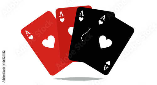 Colorful aces playing cards: red and black heart suit on white background