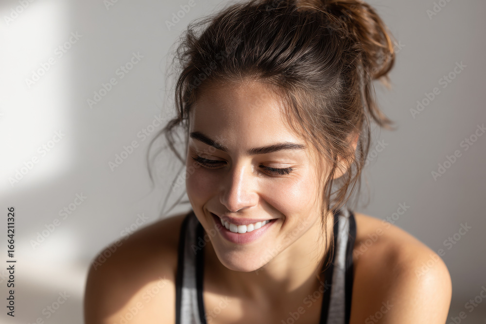 girl smiles with her head down after stretching in bright softly lit room girl smiles with her head down after stretching in bright softly lit room