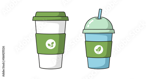 Eco-friendly coffee and smoothie cups with green lids and leaf logos