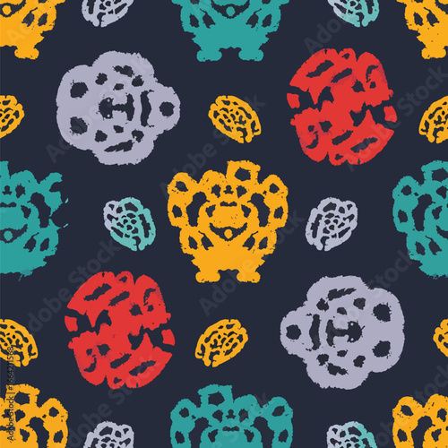Seamless Pattern, Colorful abstract shapes pattern on dark background showcasing artistic design elements Stock royalty free.