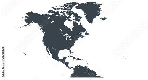 Minimalist dark silhouette map of north america with country borders