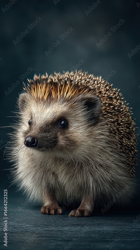 Fototapeta premium Small hedgehog with distinct spines and inquisitive expression on dark background