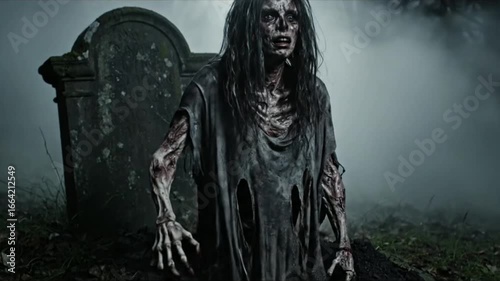 Scary Female Ghost Zombie Rising from Grave in Creepy Cemetery