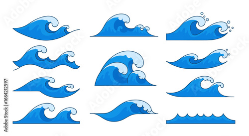 Collection of blue ocean waves in flat style for graphic design and branding
