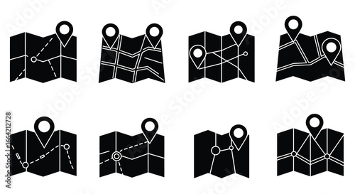 Set of black map icons with various routes and location markers