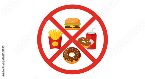 No junk food sign with fast food icons in flat style