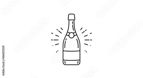 Celebratory linear champagne bottle with sparkles on white background