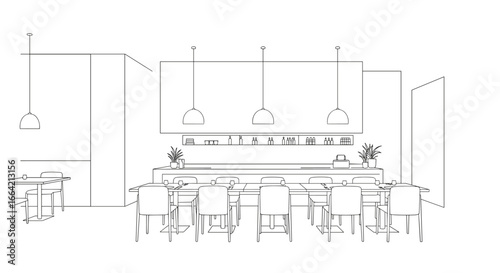 Modern cafe interior with linear design and minimalist aesthetic