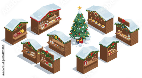 Festive christmas market stalls with decorated tree and snowy rooftops