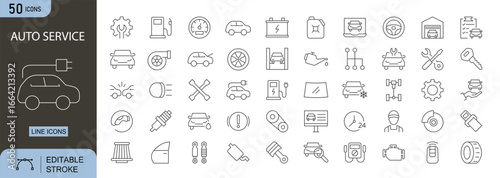 Auto Service icons set. Includes icons for car repair, maintenance, mechanic, tools, diagnostics, tire service, oil change, engine check, and vehicle inspection. Editable stroke. Line icons. 
