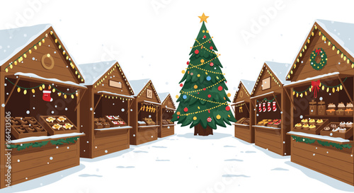 Snowy christmas market scene with festive stalls and decorated tree