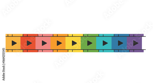 Colorful play button film strip with rainbow gradient on white background
