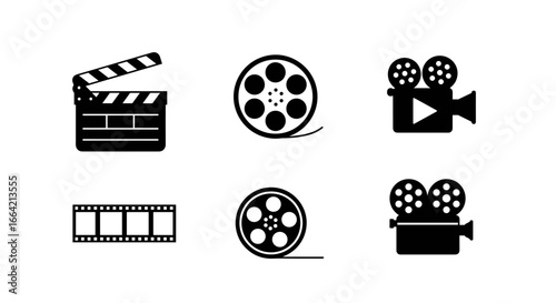Cinematic icon set: clapperboard, film reel, movie camera silhouettes