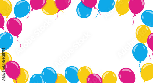 Colorful balloon border frame with pink, blue, and yellow balloons