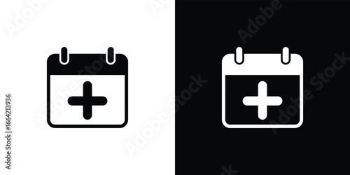 Calendar Icon Featuring a Medical Plus Sign in Two Tone Black and White