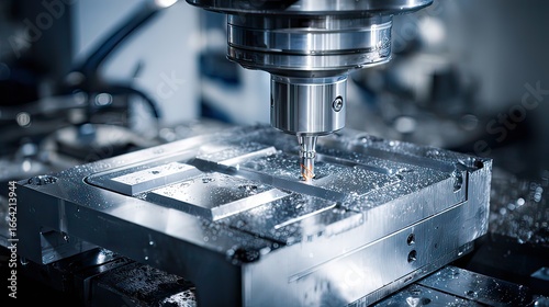 Precision CNC machining process showcasing metal milling cutter and workpiece in industrial environment