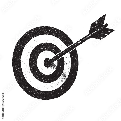 Grainy black and white illustration of a target with arrow hitting bullseye representing success accuracy focus achievement leadership business growth and determination