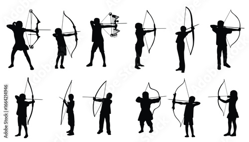 set of silhouette illustrations of children archery