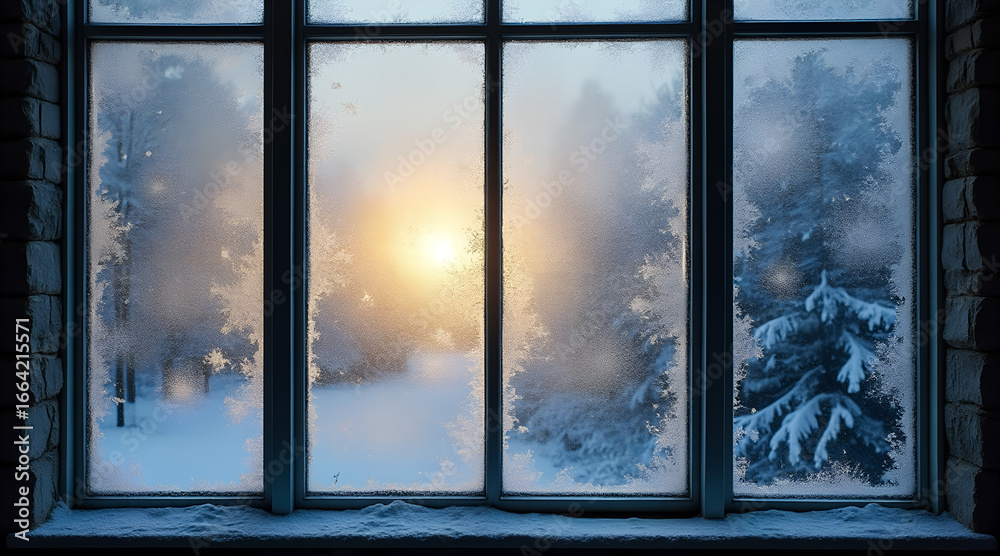 Fototapeta premium **Frosted Thick-Paned Window with Icy Fractals and Muted Gold Glow with Copy Space** 