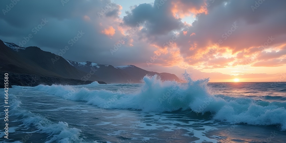 Fototapeta premium Waves crashing under vibrant sunset sky