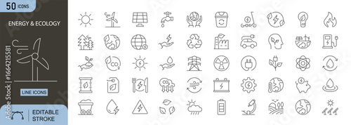 Energy and Ecology icons set. Includes icons for renewable energy, solar power, wind turbines, recycling, sustainability, eco-friendly practices, conservation, green energy, environment, and nature. 