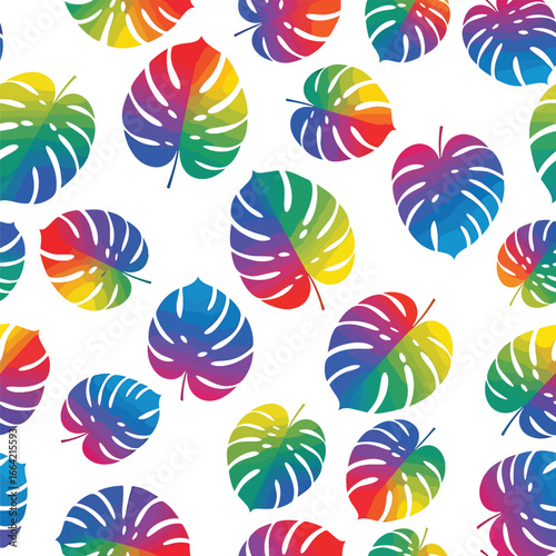 Seamless Pattern, Colorful monstera leaf pattern with vibrant rainbow hues on a white backdrop Stock royalty free.