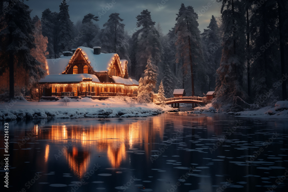Fototapeta premium The snow house is located next to the lake and is illuminated at dusk.