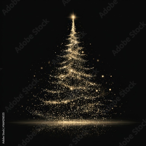 Sparkling gold Christmas tree shining brightly against a dark background during holiday season