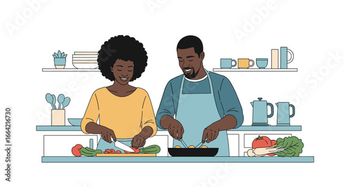 A happy couple preparing a delicious and healthy meal together in a bright kitchen environment