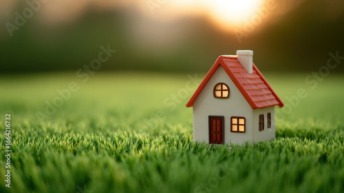 Wallpaper Mural Miniature house with red roof on green grass field at sunset, symbolizing health, real estate, and peaceful living environment Torontodigital.ca