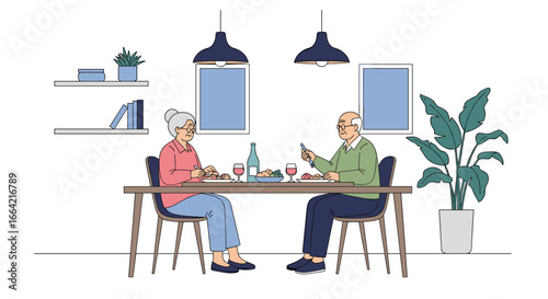 Elderly couple enjoying a romantic dinner together at home in a cozy dining room setting