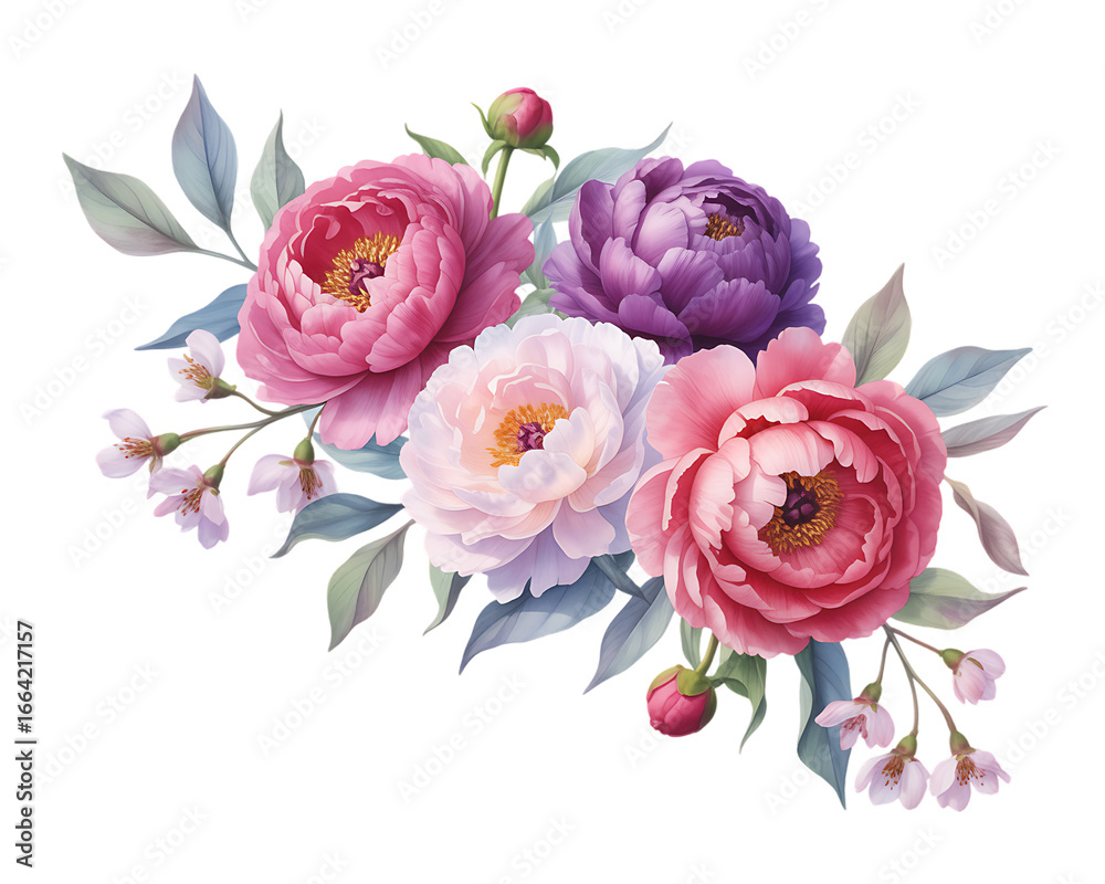 Fototapeta premium Watercolor pink and purple peony bouquet with green leaves isolated on transparent background