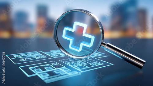 Health and real estate concept with magnifying glass over blueprint showing medical cross symbol in modern city background