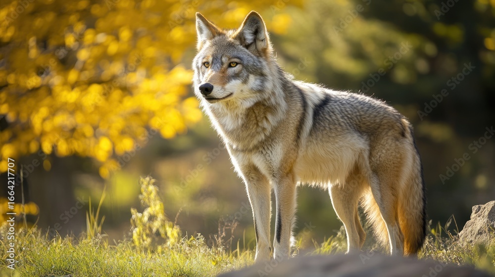Fototapeta premium Gray wolf standing alert in autumn forest.