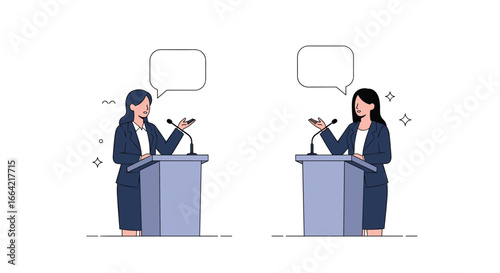 Two women in suits stand at podiums during a political debate discussing important issues