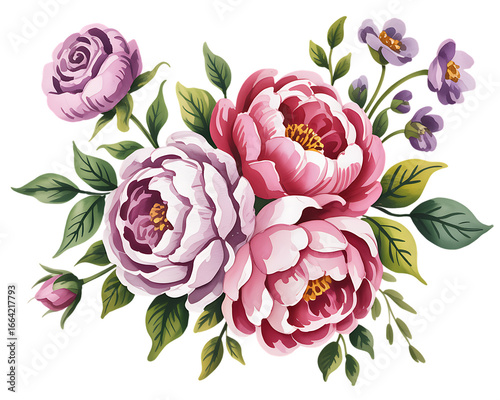 Watercolor floral bouquet with pink and purple peonies and leaves isolated on a white background.


