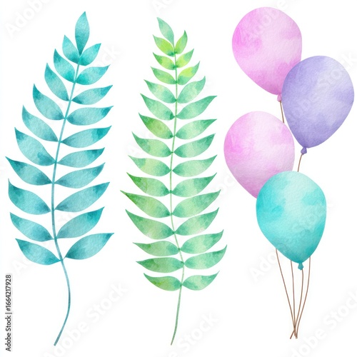 Watercolor leaves and balloons.  Delicate teal, mint, and pale pink/purple watercolor leaves, and pastel balloons in various shades, on a plain white background.  Watercolor art style