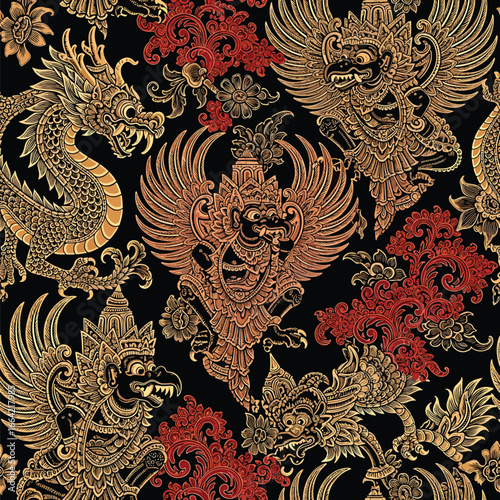 Seamless Pattern, Intricate Balinese pattern featuring mythical Garuda, dragon and floral elements Stock royalty free  image.